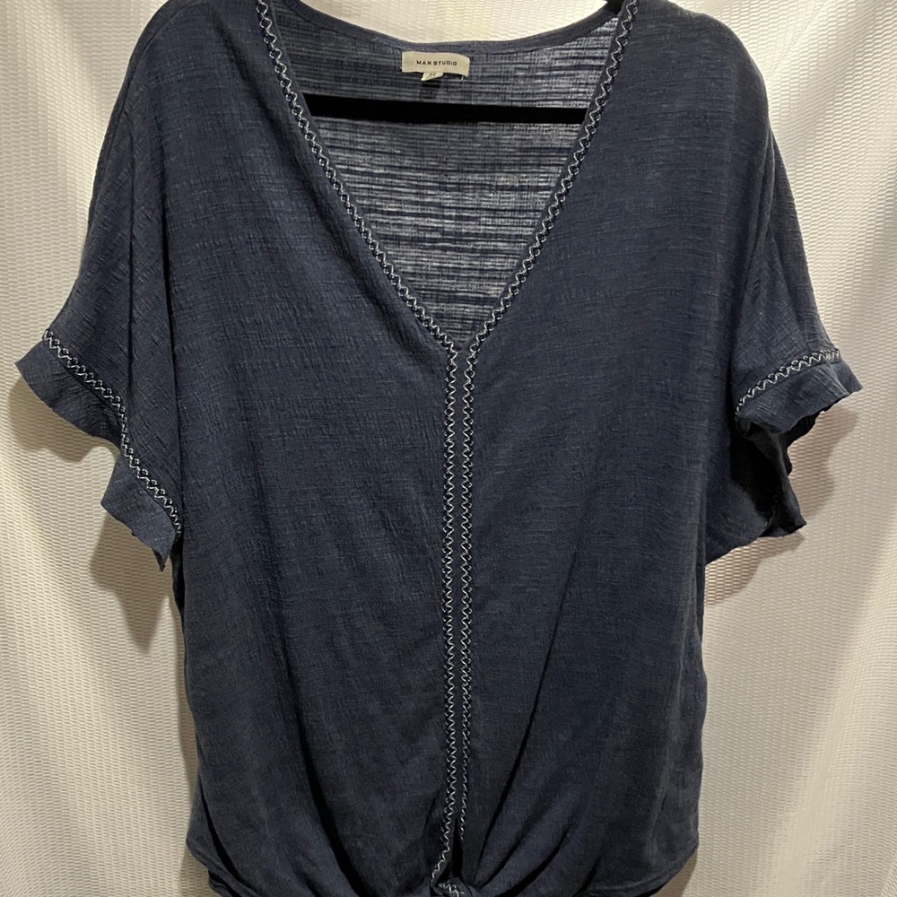 Max Studio Dark Navy V-Neck Short Sleeve Top - Picture 1 of 5